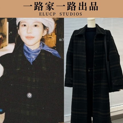 翻领复古格子毛呢外套系带气质