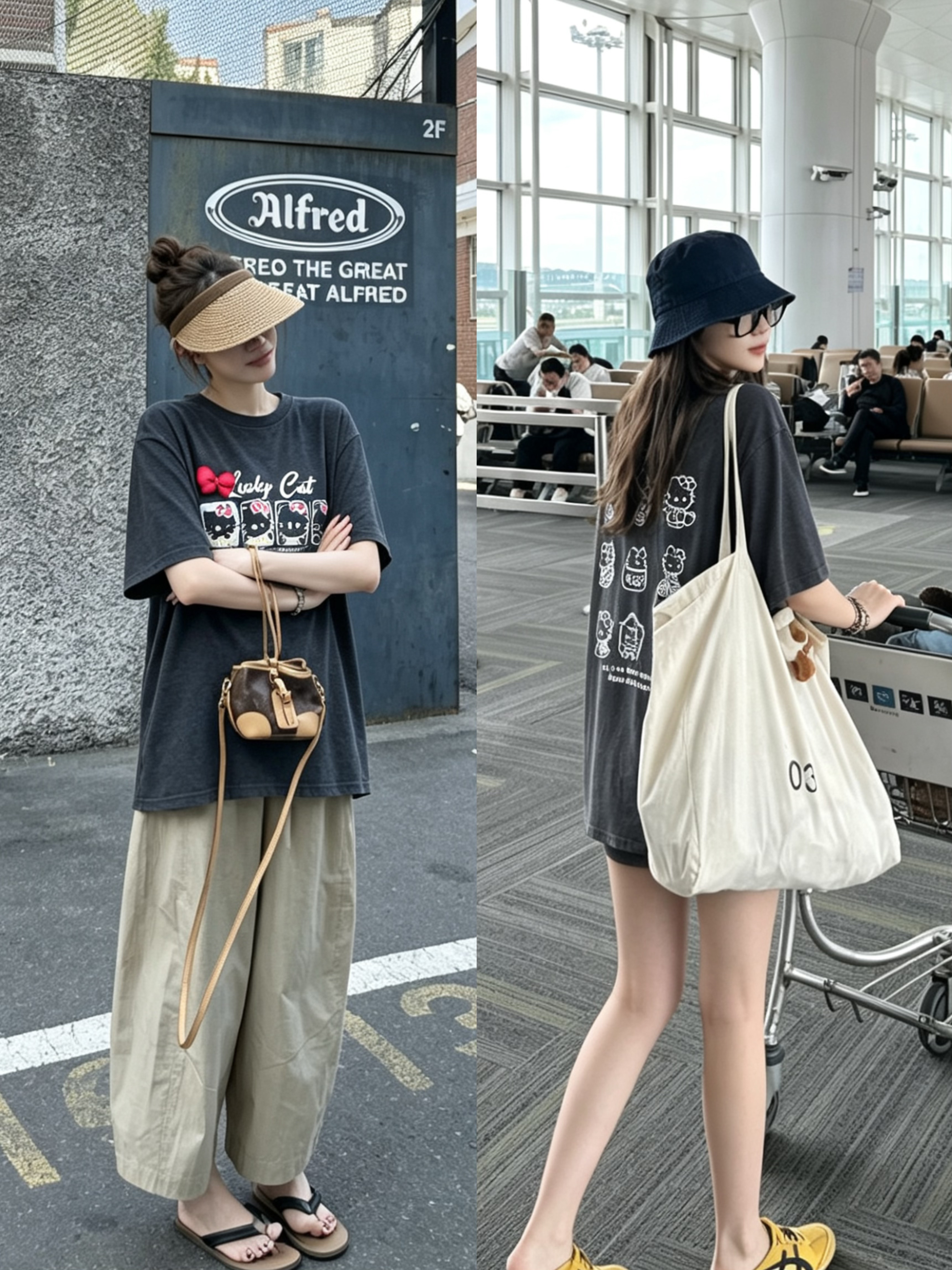 hellott猫可爱卡通印花短袖T恤女夏季宽松显瘦百搭上衣 - 实物图