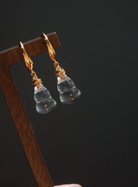 天然白水晶3a体葫芦耳环、纯银镀金镶嵌、整体尺寸：10x30mm