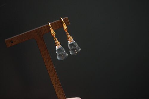 天然白水晶3a体葫芦耳环、纯银镀金镶嵌、整体尺寸：10x30mm