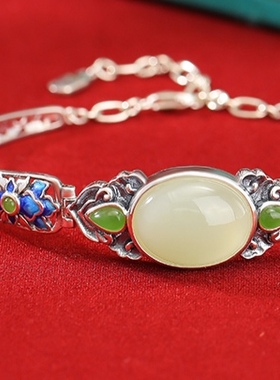 s925银做旧亮银珐琅和田晴水蛋面如意手链，附权威证书，支持复检