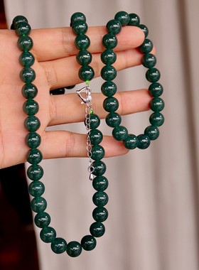 天然老蓝水翡翠套装 项链手链纯银 10mm圆珠