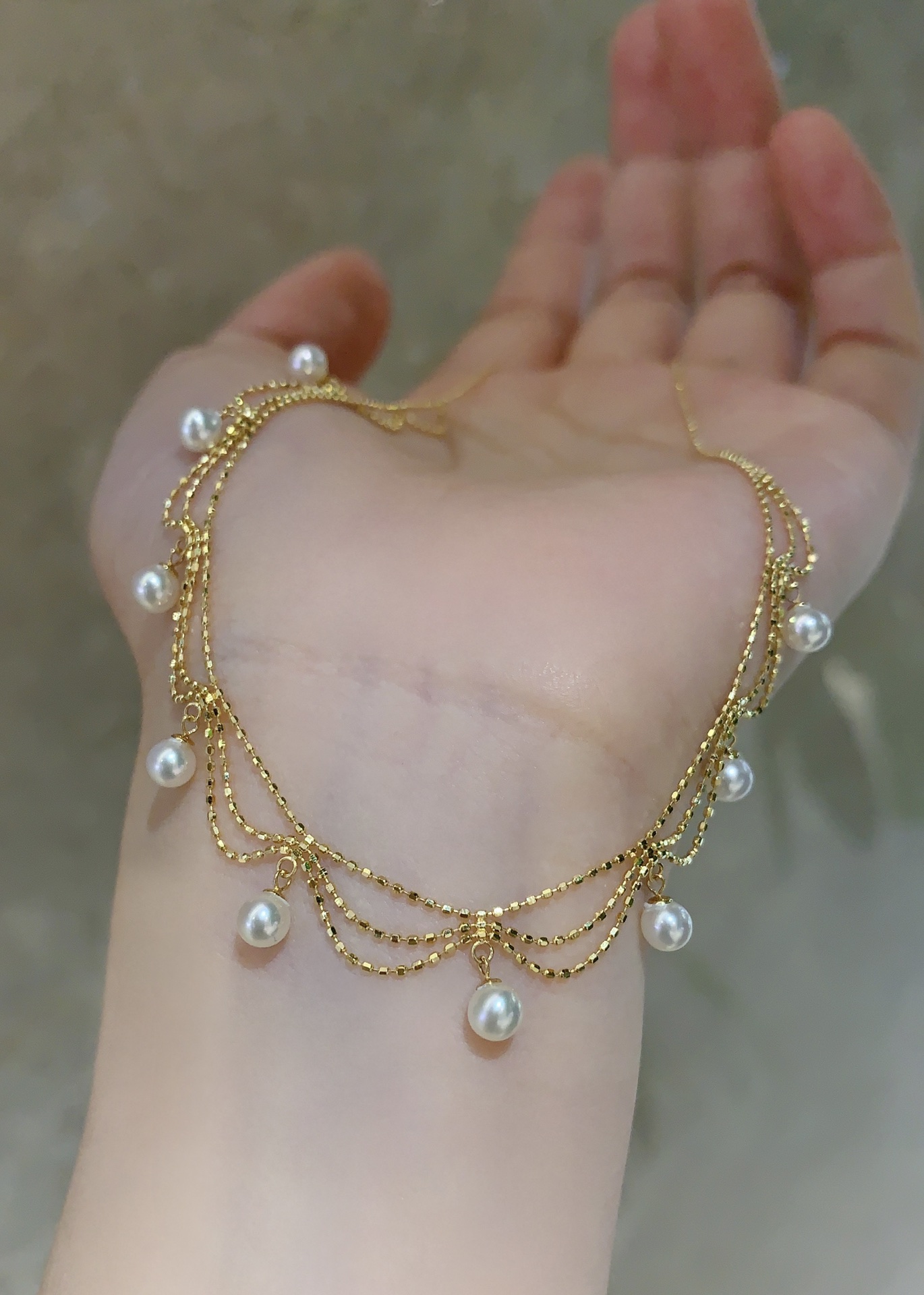 18k金蕾丝珍珠项链，3-4mmAk级淡水珍珠，微瑕