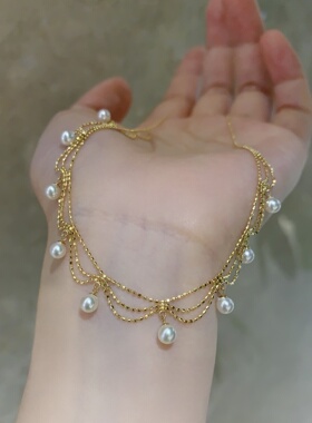 18k金蕾丝珍珠项链，3-4mmAk级淡水珍珠，微瑕