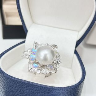 s925银海水澳白珍珠戒指14-15mm近圆海水澳白珍珠 镶天然月光石