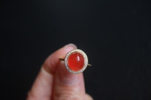 天然保山南红戒指、纯银镀金镶嵌、圈口大小可调节、尺寸:15mm