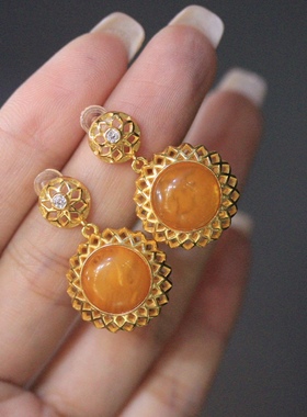 欧美风天然老蜡耳环s925纯银镀金镶嵌、整体尺寸：18x28mm