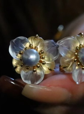 s925银镶白水晶耳拍带针 尺寸21mm 海水真多麻6.5mm