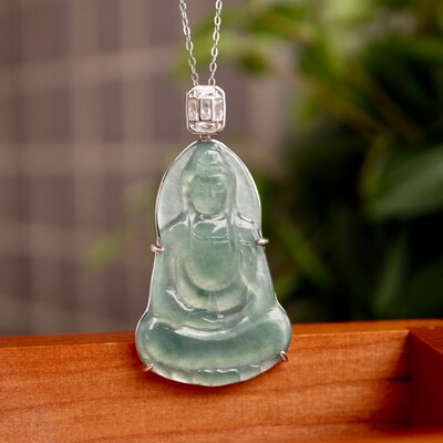 天然蓝水翡翠观音吊坠 约45*25mm S925纯银镶嵌 沉甸甸的质感