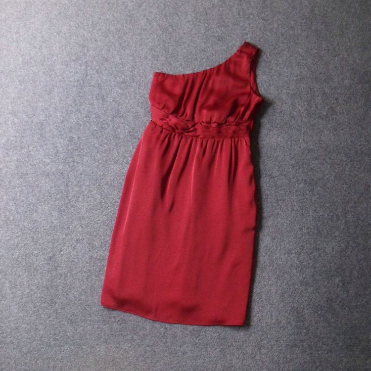 6184-外贸原单大码立裁修身显瘦仿真丝缎面单肩连衣裙礼服裙