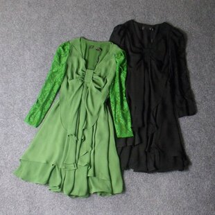 7237-轻薄雪纺蕾丝拼接 垂顺飘逸修身显瘦长袖连衣裙 M/L/XL