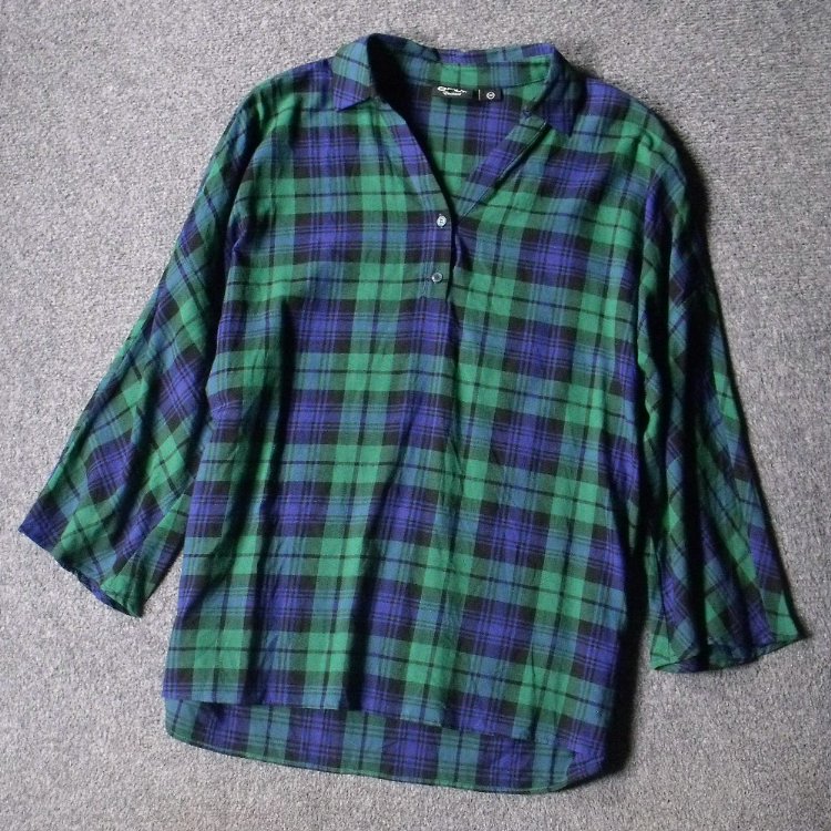 1813-对格好做工 宽松休闲蝙蝠袖棉质套头款初秋长袖大码衬衫