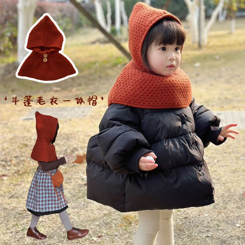 女童纯手工100%羊毛小红帽斗篷披肩女宝宝毛衣针织衫圣诞节日衣服