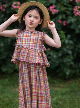 NuoNuoWell女童格纹花边上衣阔腿裤2件套夏季薄款宝宝套装