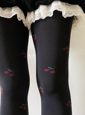 黑色厚丝袜春季80D复古日系甜美洛丽塔樱桃打底袜子lo连裤袜少女