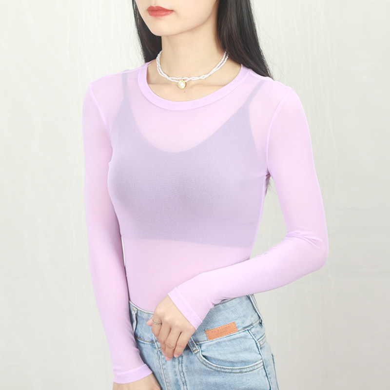 白色网纱打底衫女内搭性感圆领透T恤