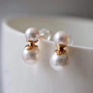 DIY珍珠配件 S925纯银耳钉空托 时尚款双珠耳环托女 配7-9mm圆珠