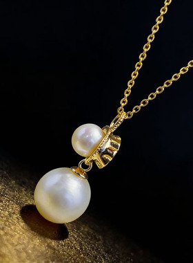 DIY珍珠配件 S925 纯银吊坠空托 金色银色双珠项链坠 配6-9mm圆珠