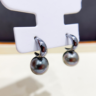 S925 配9 纯银耳钉空托 黑色银饰耳环 15mm圆巴 时尚 DIY珍珠配件