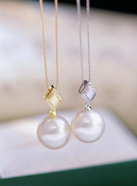 DIY珍珠配件 S925 纯银吊坠空托 金色银色项链坠 配10-13mm圆巴珠