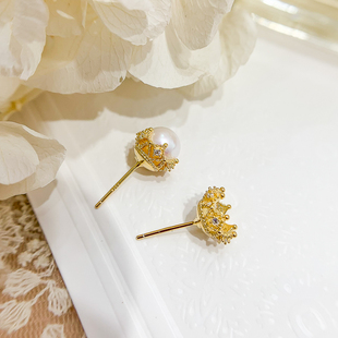 8mm圆 金色银色遮瑕银饰耳环托配7 DIY珍珠配件 S925纯银耳钉空托