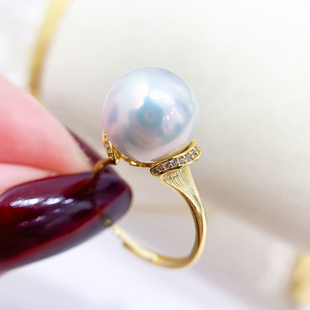 DIY珍珠配件 S925 纯银戒指空托 金色银色大珠银饰托 配11-13mm圆