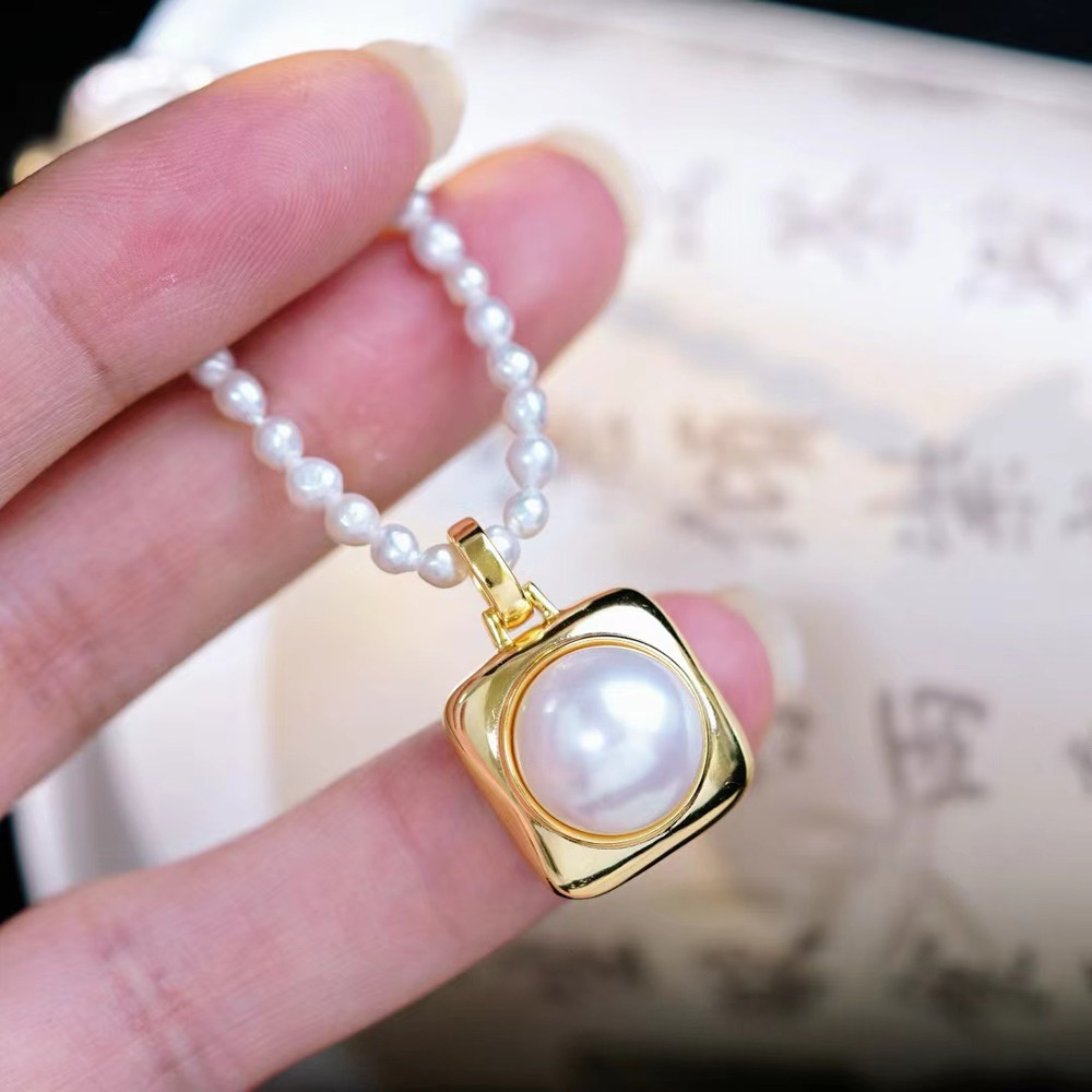 DIY珍珠配件 S925 纯银吊坠空托 金色银色扣子项链坠 11-12mm圆扁