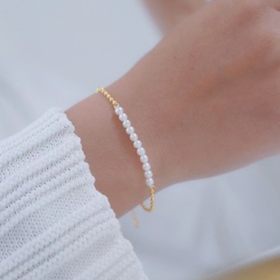 DIY珍珠配件 S925纯银手链空托 时尚款金色银色手镯 配3-5mm圆椭