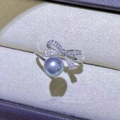 S925 纯银戒指空托 蝴蝶结金色银色银饰 DIY珍珠配件 配8 9mm圆扁