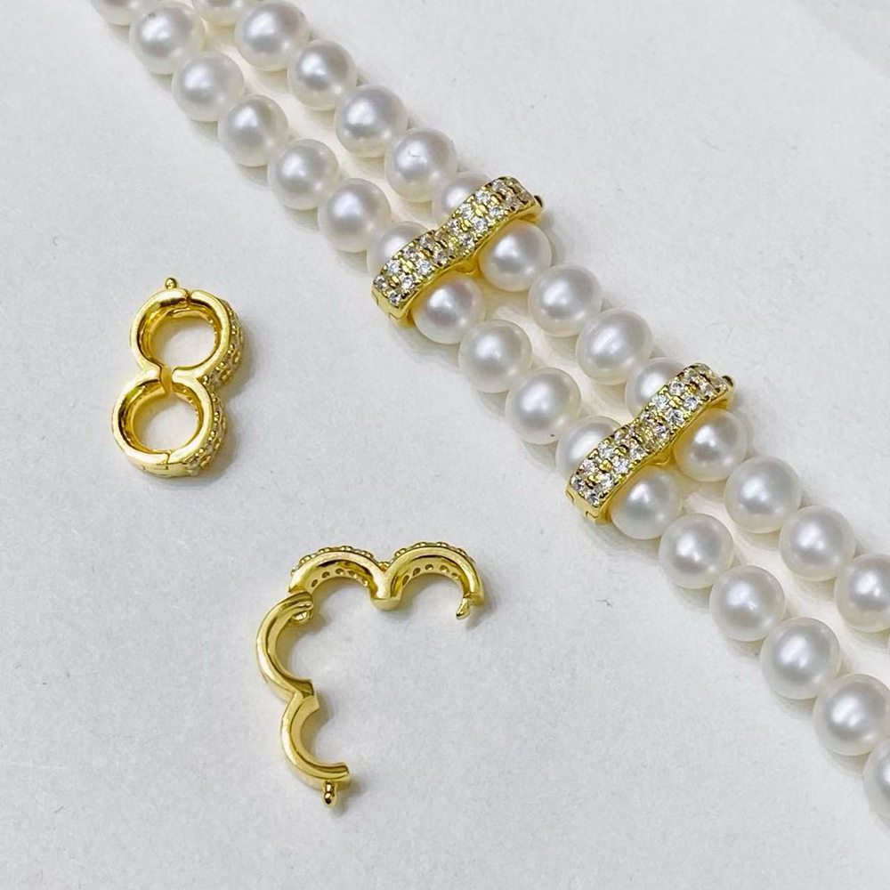 S925纯银双排夹扣金色珍珠项链