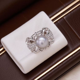 S925 配7 纯银戒指空托 银饰托 9mm圆 金色银色K金版 DIY珍珠配件