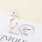 S925纯银珍珠戒指空托 精致款 指环托女 DIY珍珠配件 配7 9mm圆珠