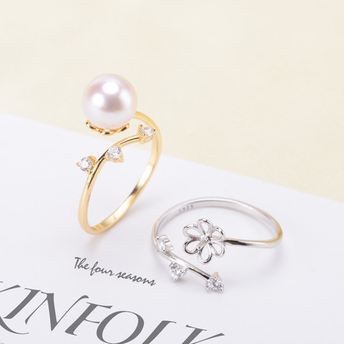 DIY珍珠配件 S925纯银珍珠戒指空托 精致款指环托女 配7-9mm圆珠