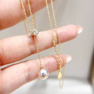 DIY珍珠配件 S925纯银套链空托 金色银色吊坠带银链 配7-13mm圆椭