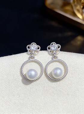 DIY珍珠配件 S925 纯银耳钉空托 金色银色银饰耳环女 配4-6mm圆扁