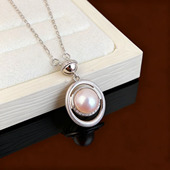 DIY珍珠配件 8mm圆扁 配7 S925纯银套链空托 金色银色吊坠带银链