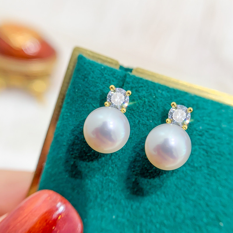 DIY珍珠配件 S925纯银耳钉空托 单钻王妃款耳环托 配7-10mm圆扁珠