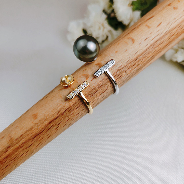 DIY珍珠配件 S925纯银可调节 精致T珍珠戒指空托 配8-10mm圆扁珠