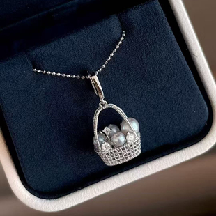 DIY珍珠配件 S925 纯银吊坠空托 小花篮扣子款项链坠女 配4-5mm圆