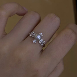 DIY珍珠配件 S925 纯银戒指空托 金色银色厚版银饰托 配5-6mm圆珠