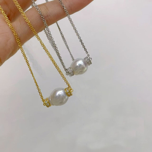 配9 金色银色吊坠带银链 13mm圆巴 S925纯银套链空托 DIY珍珠配件