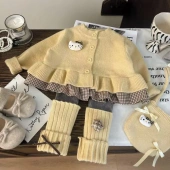 蝴蝶结堆堆袜打底裤 韩版 春秋女童拼接格子毛衣开衫 2026新款 潮 童装