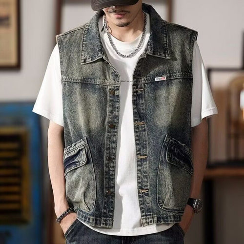 美式复古怀旧牛仔马甲男秋季宽松大码无袖坎肩工装大口袋背心外套