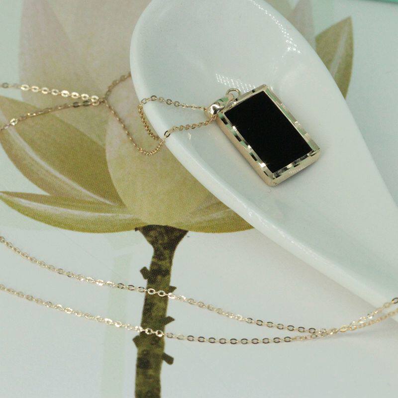 兔兔K金订货◆实拍◆韩国14K纯金刻面金边镶黑玛瑙方牌吊坠无事牌