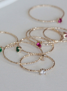 现货无折 新款包邮 韩国14K金刻面金丝戒指 迷你彩石指环似有若无