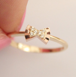 兔兔韩国纯14K金戒指 纤细刻花双层蝴蝶结指环女 蝶中蝶 需订货