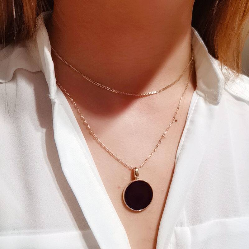 订货 韩国14K金大圆牌吊坠 23mm黑玛瑙 欧美风胸链坠子挂坠不含链