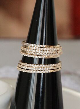 现货 兔兔韩国纯14k金细指环 1mm半圈钻排镶戒指叠戴 尾戒女保修