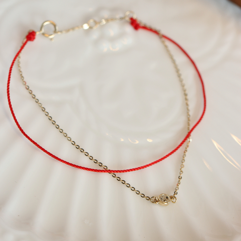 订货无折 兔兔纯14K金红绳双层手链 双面刻面小豆无镶嵌 本命年