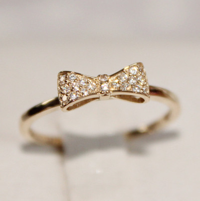 订货兔兔韩国纯14K金戒指满镶板正黄金蝴蝶结女 优雅赫本包邮保修